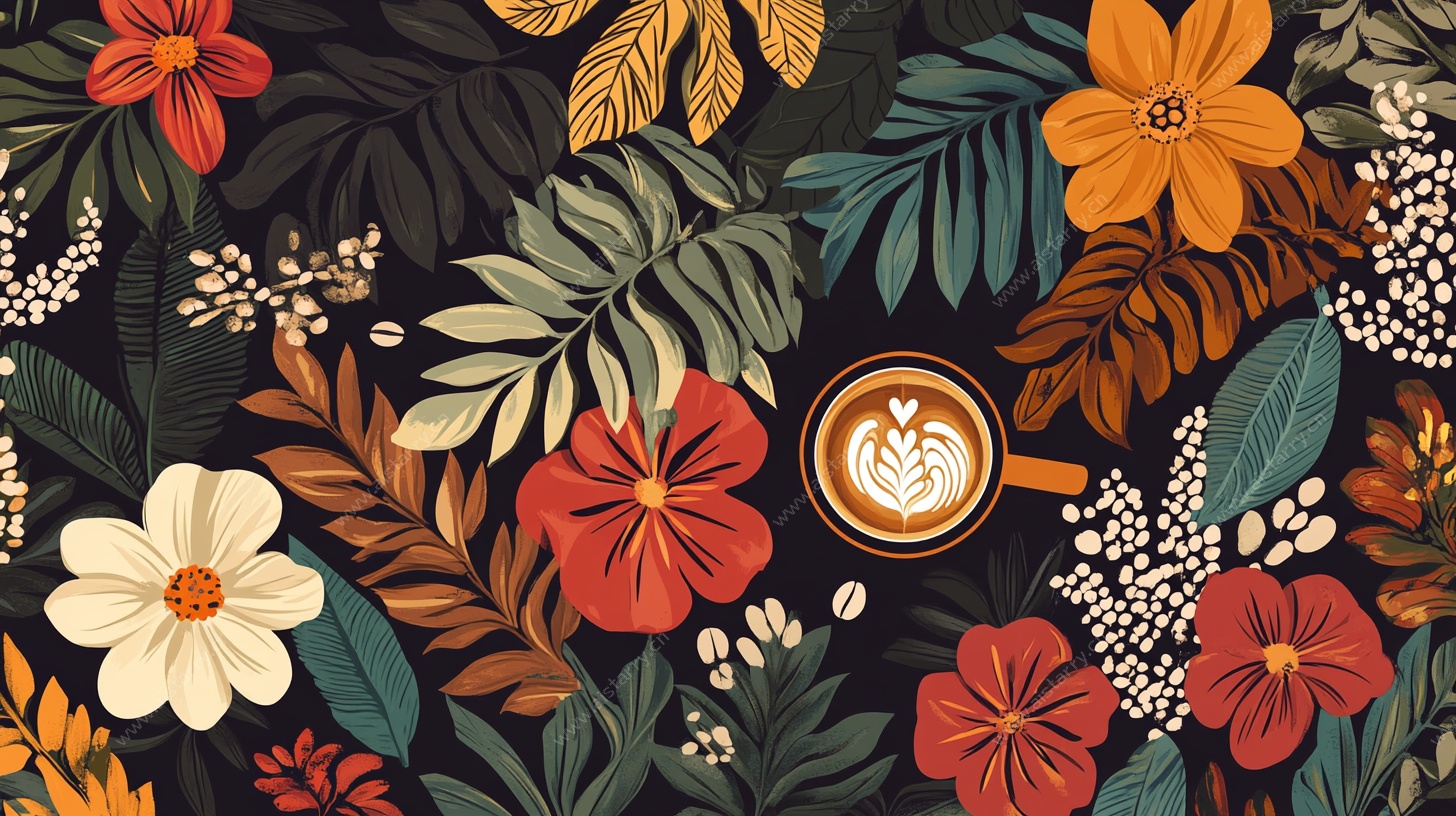 花卉咖啡插画 自然氛围感