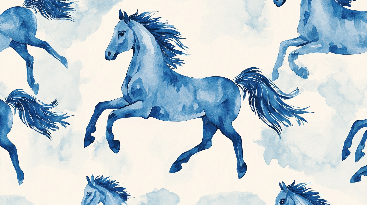 蓝马奔腾水彩风无缝图案