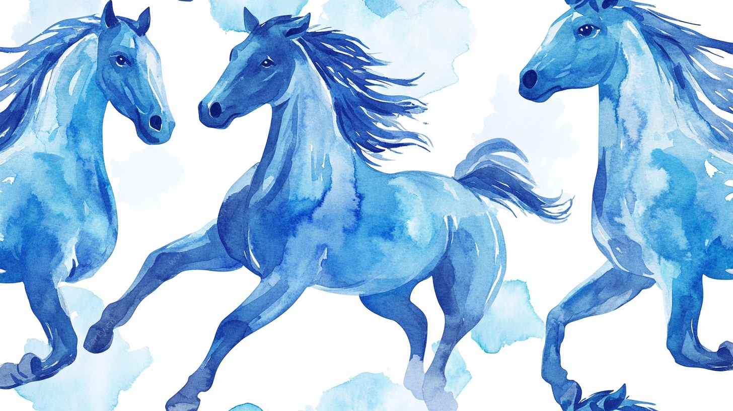 蓝调奔马水彩画