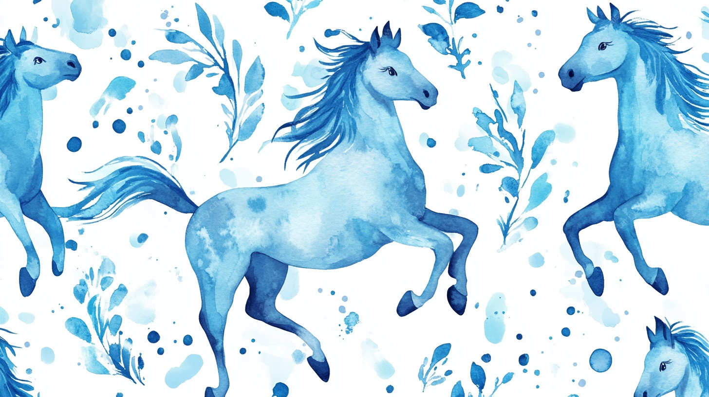 蓝色水彩奔马花卉图案