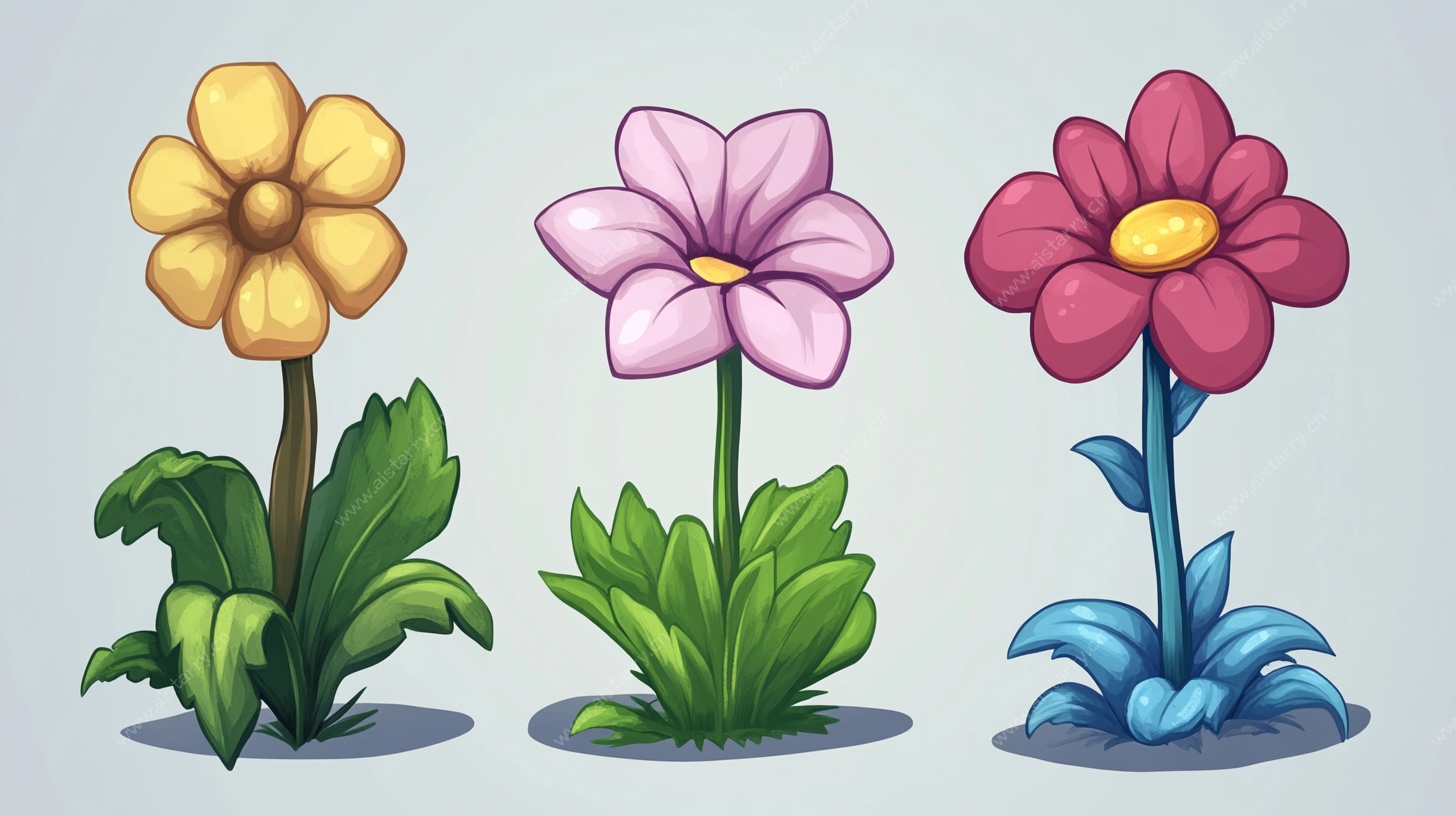 三朵卡通风格可爱花卉