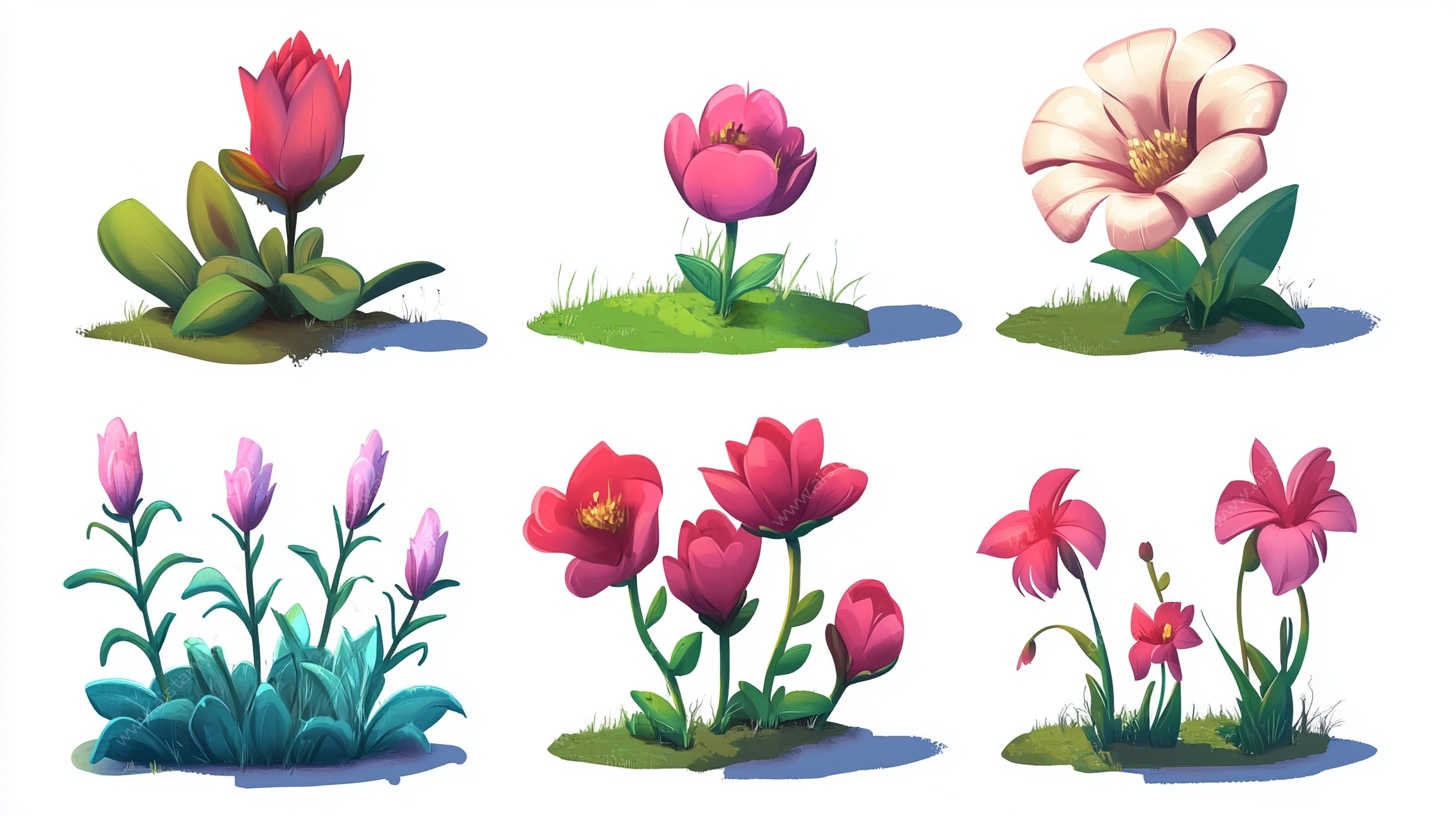 可爱卡通风格多彩花卉集合