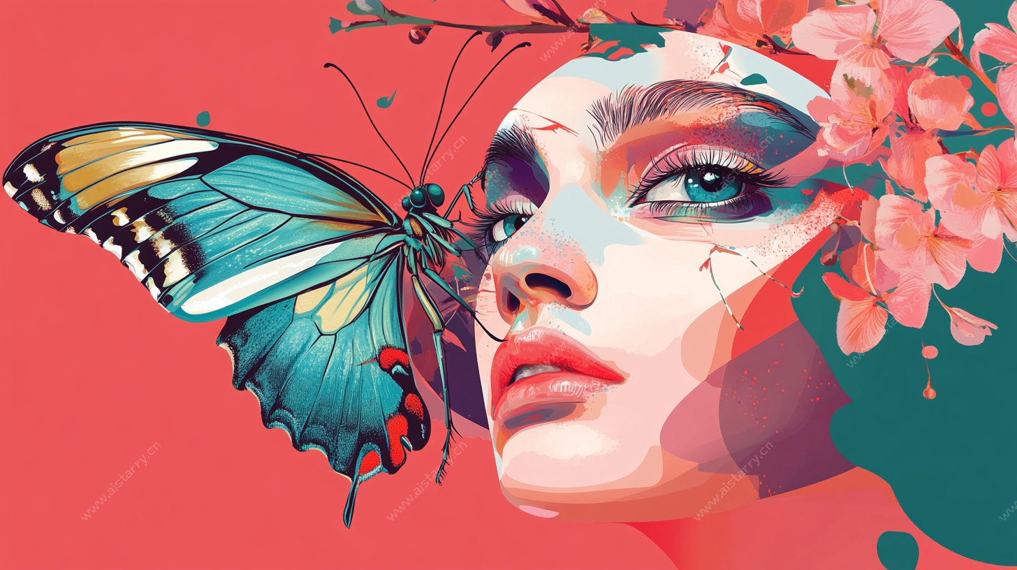 梦幻蝶影花卉美妆插画