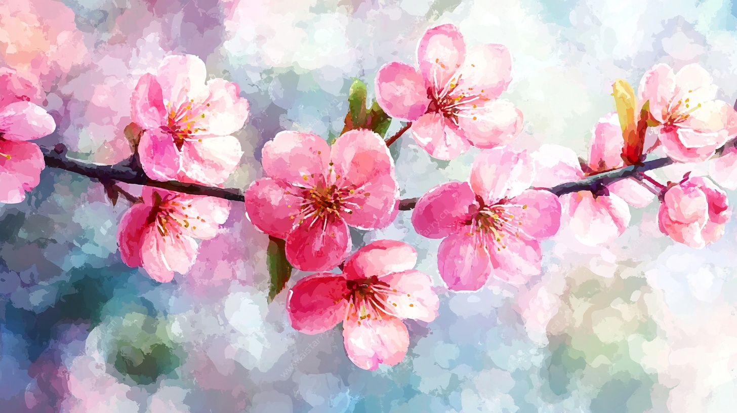 水彩粉樱绽放枝头