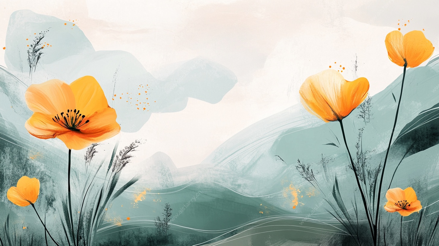水彩风山间绽放的黄罂粟
