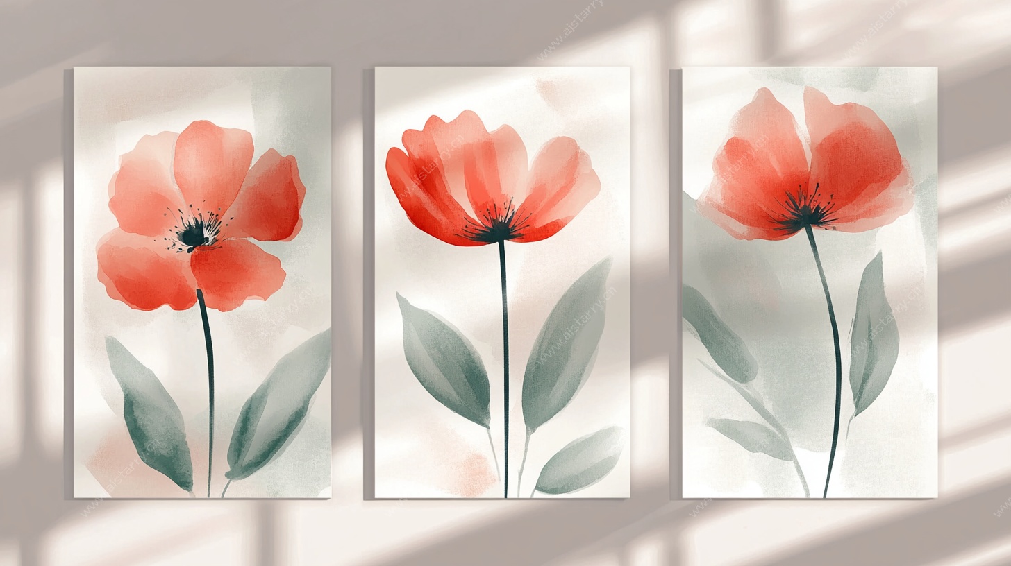 三联水彩花卉装饰画