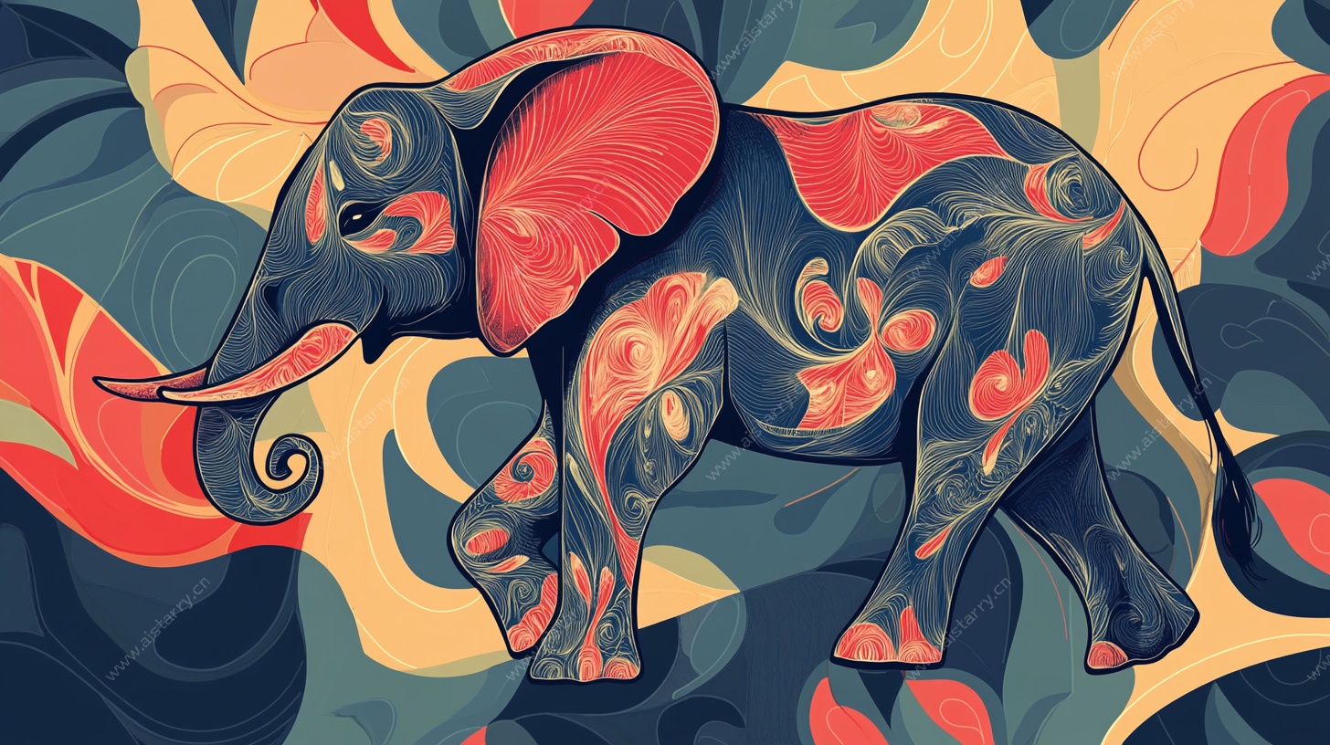 抽象艺术风行走大象插画