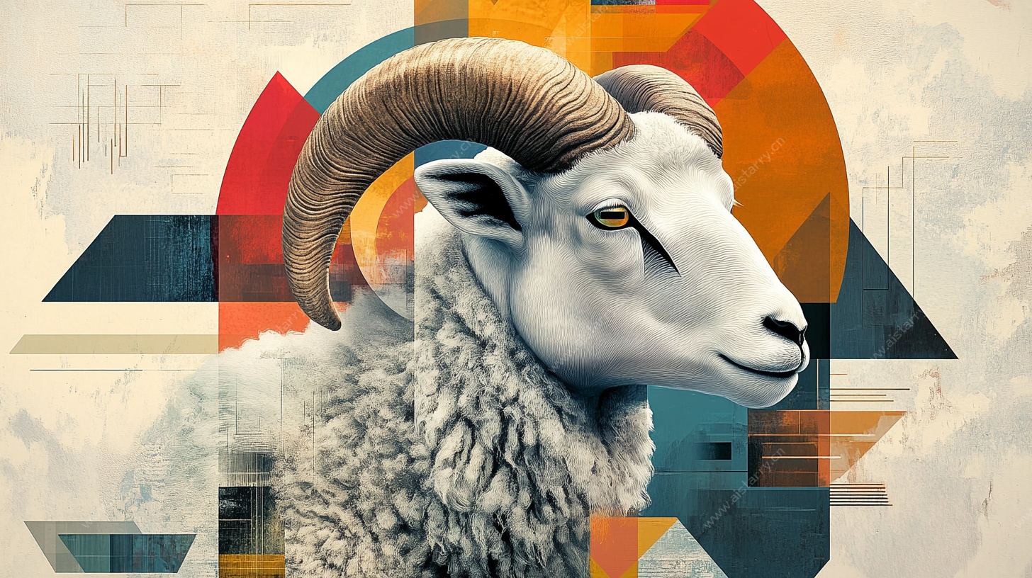 几何背景下的羊头艺术插画