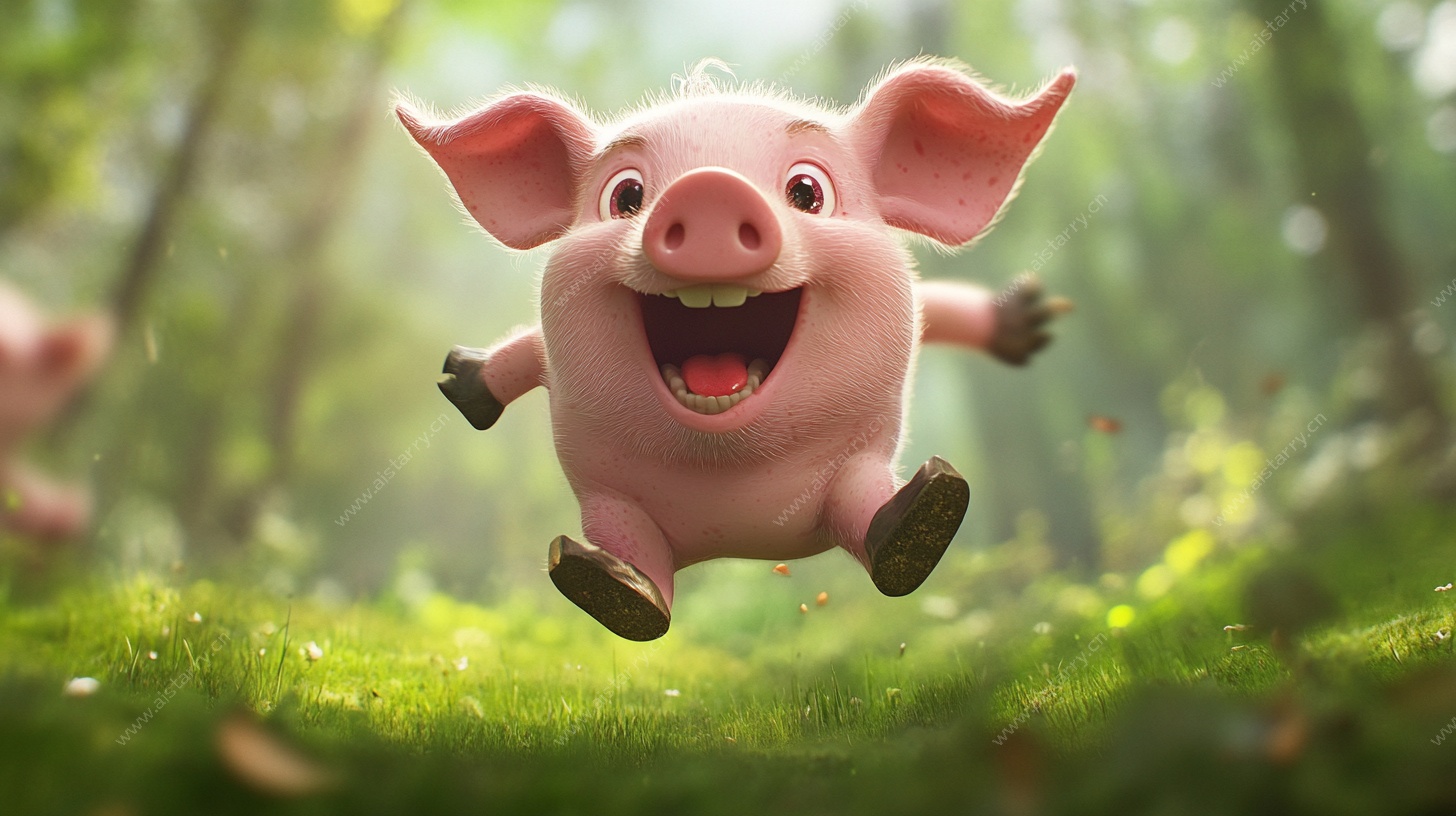 欢乐小猪跳跃在绿野间