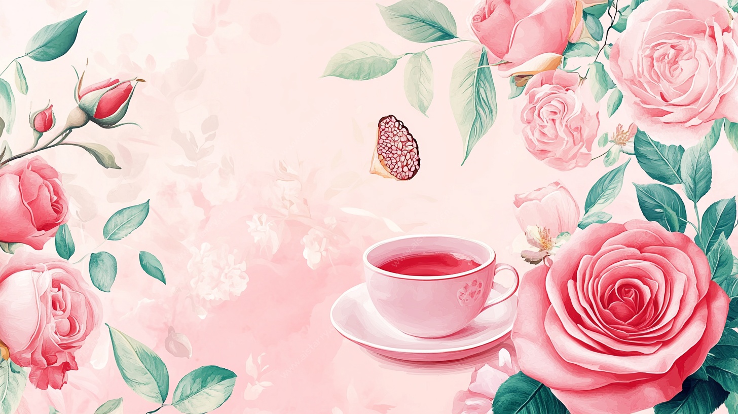 粉色玫瑰下午茶插画