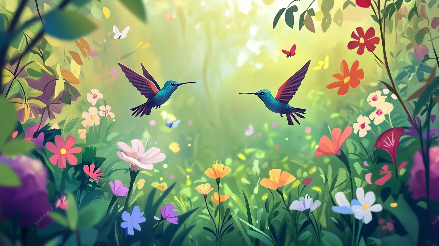 蜂鸟嬉花丛奇幻景象