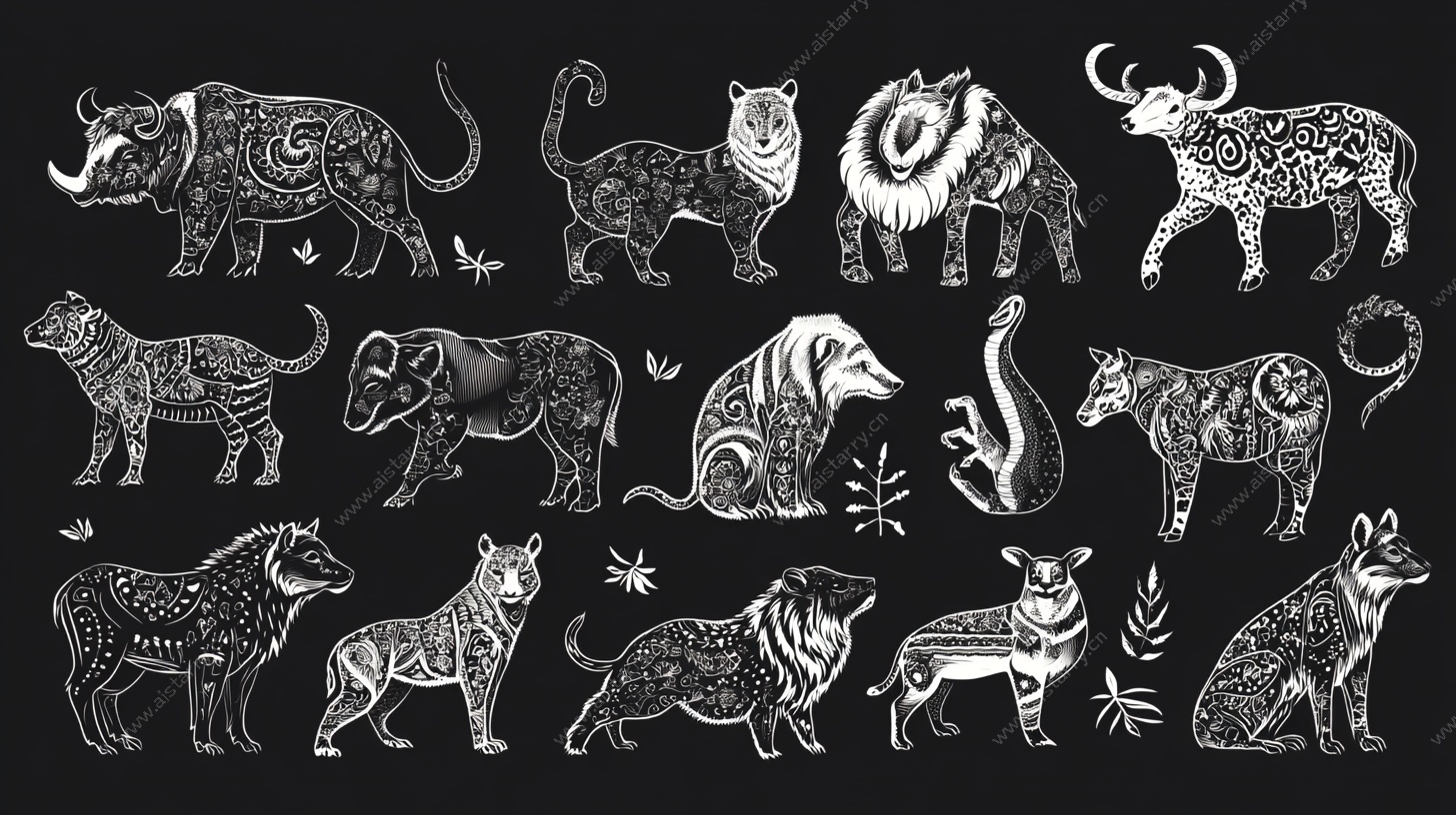 手绘黑白野生动物图案集