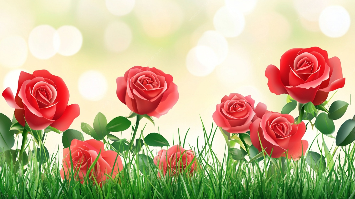 红玫瑰绽放于绿草之上