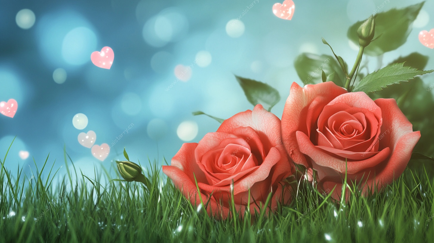 草地上的浪漫双生玫瑰