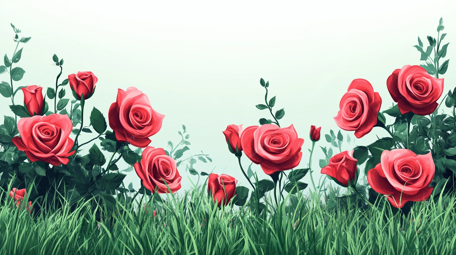 鲜艳玫瑰绽放于绿草地上