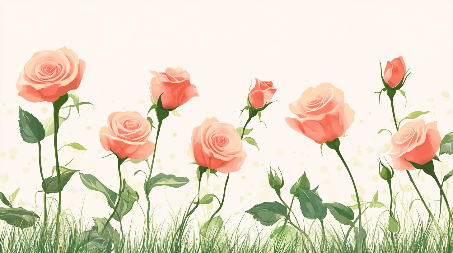 粉色玫瑰绽放于绿草间