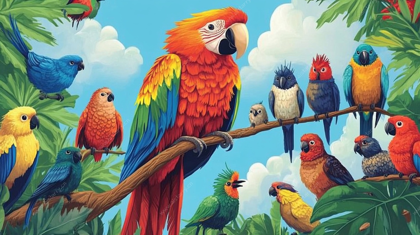 多彩鹦鹉栖息热带枝头