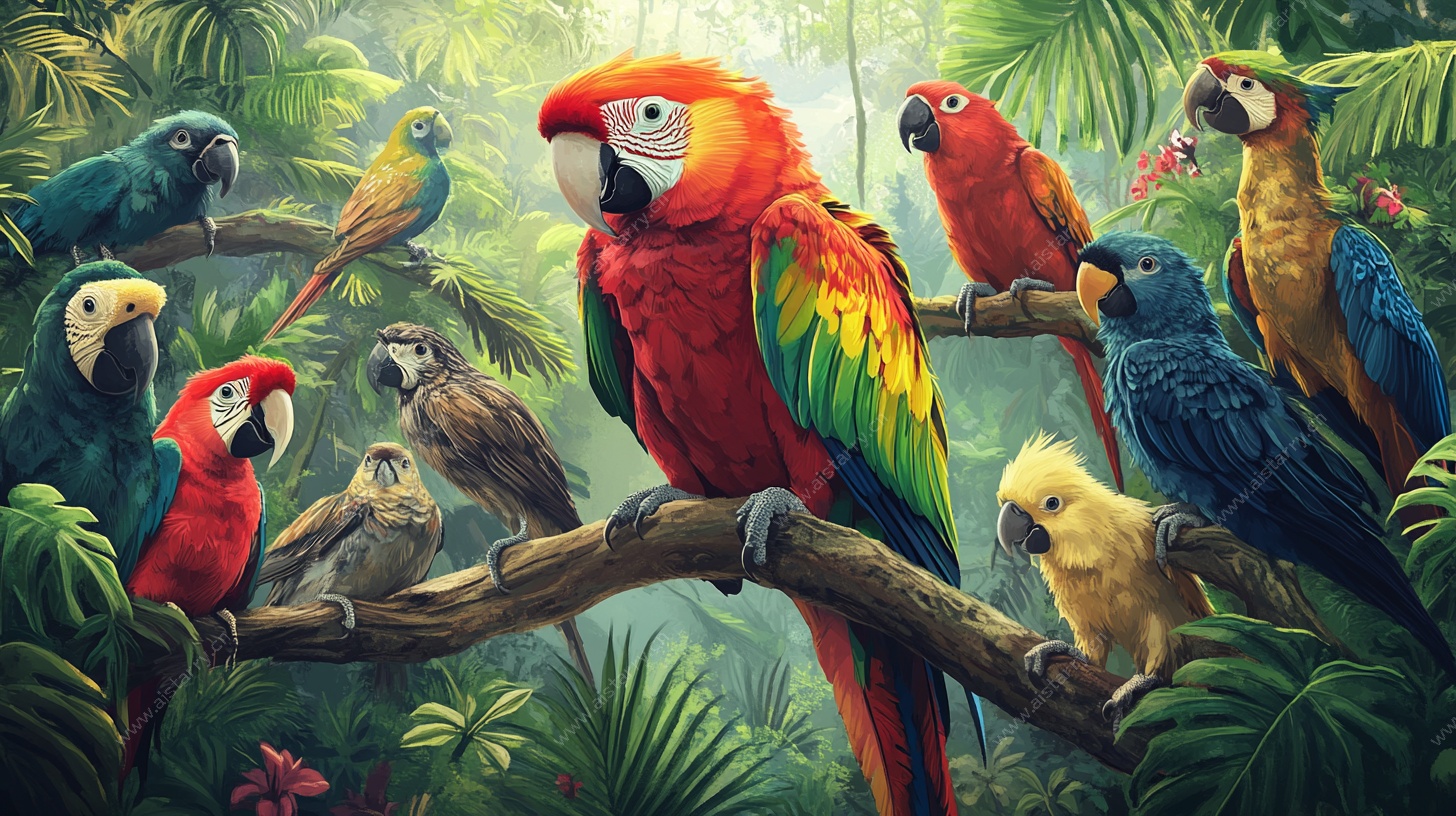 多彩鹦鹉栖于热带丛林中