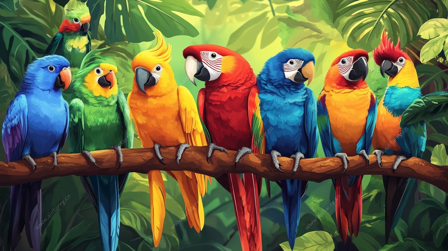 鹦鹉齐聚枝头图