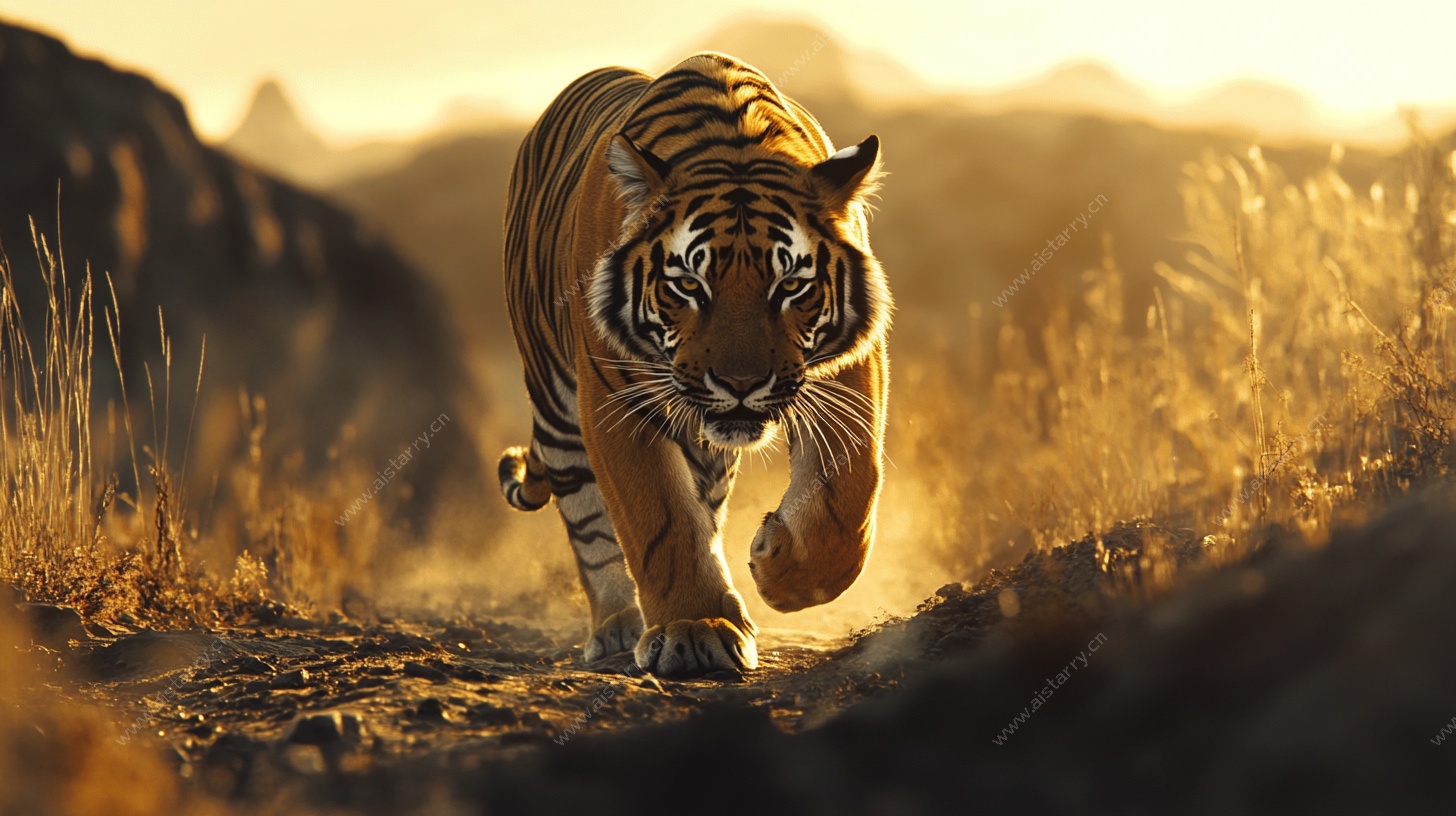 黄昏中奔跑的威猛老虎