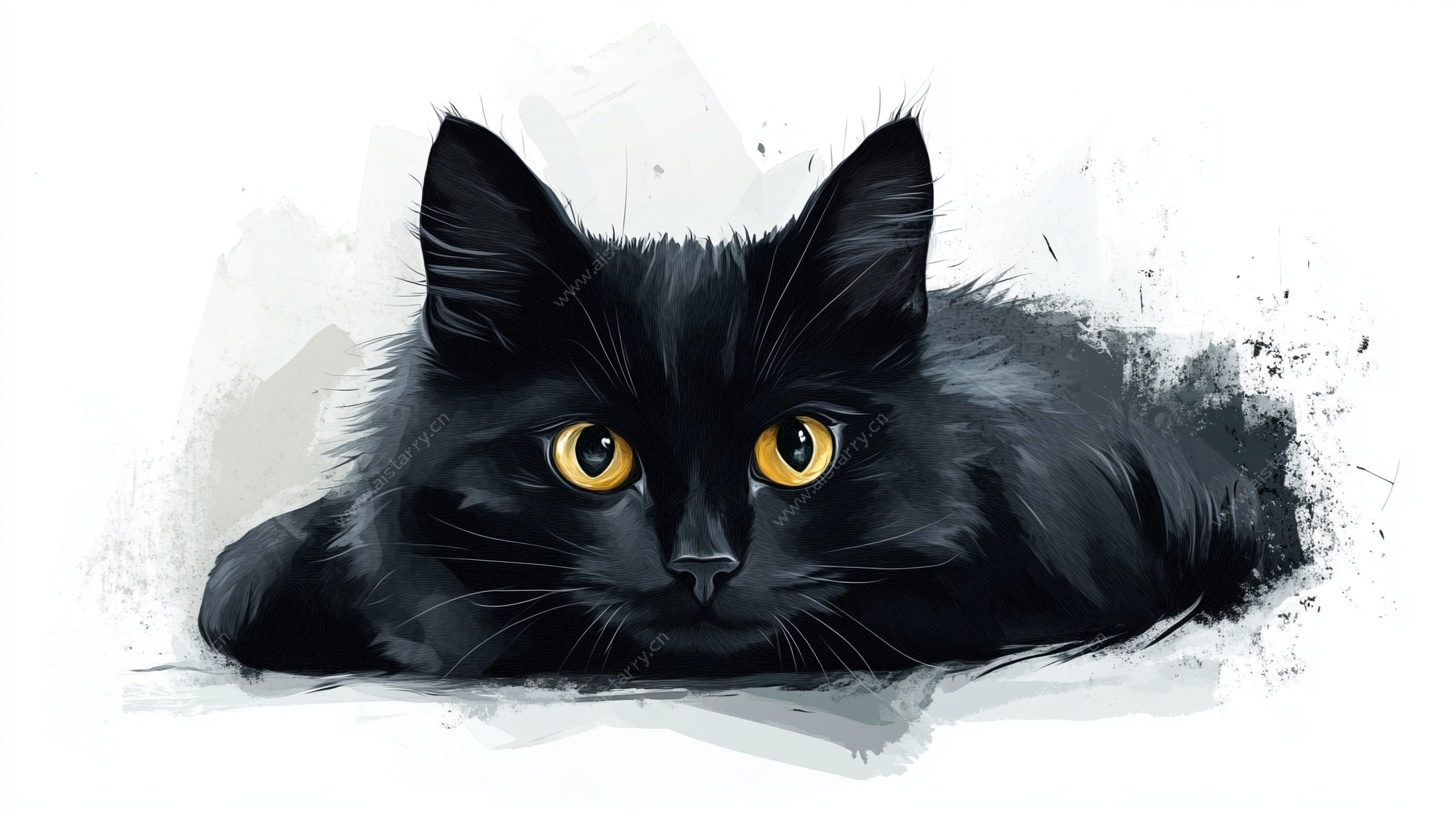 黑猫卧姿水彩插画