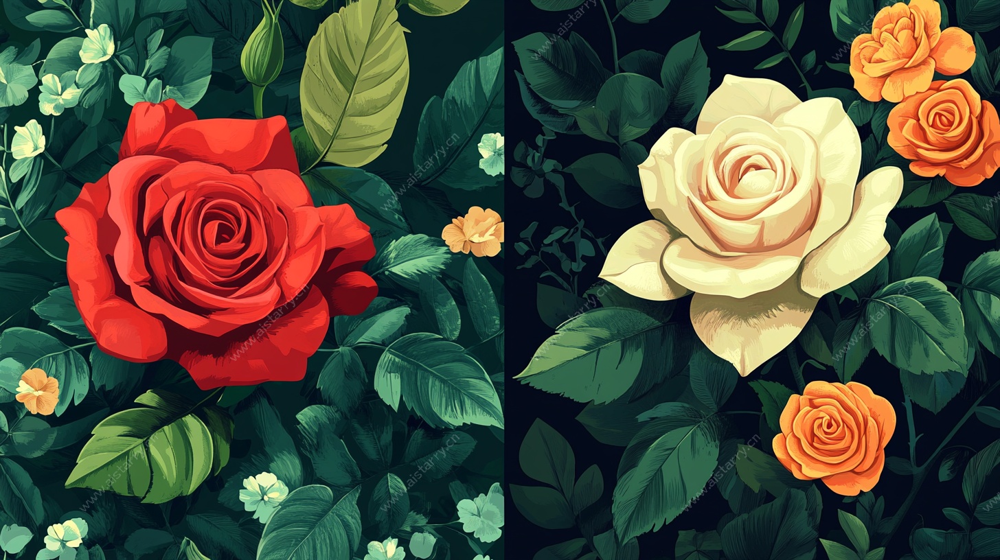 双色玫瑰花卉插画