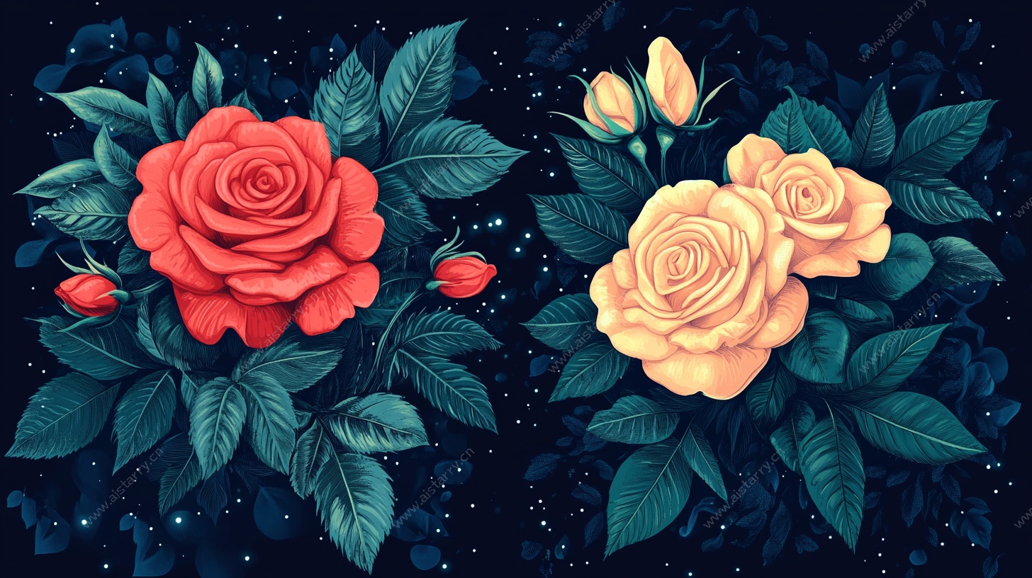 复古双生玫瑰插画