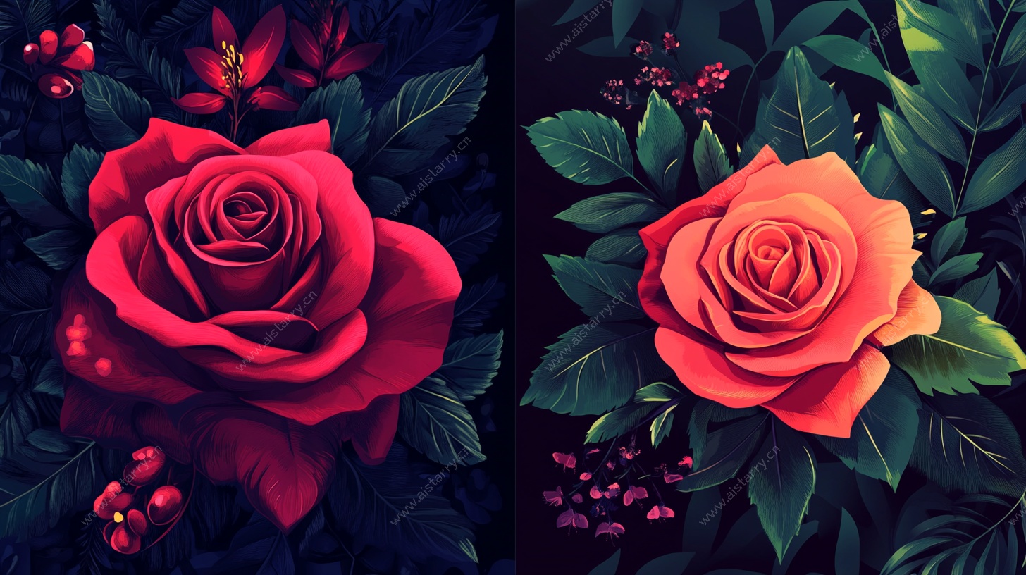 双生玫瑰花卉插画