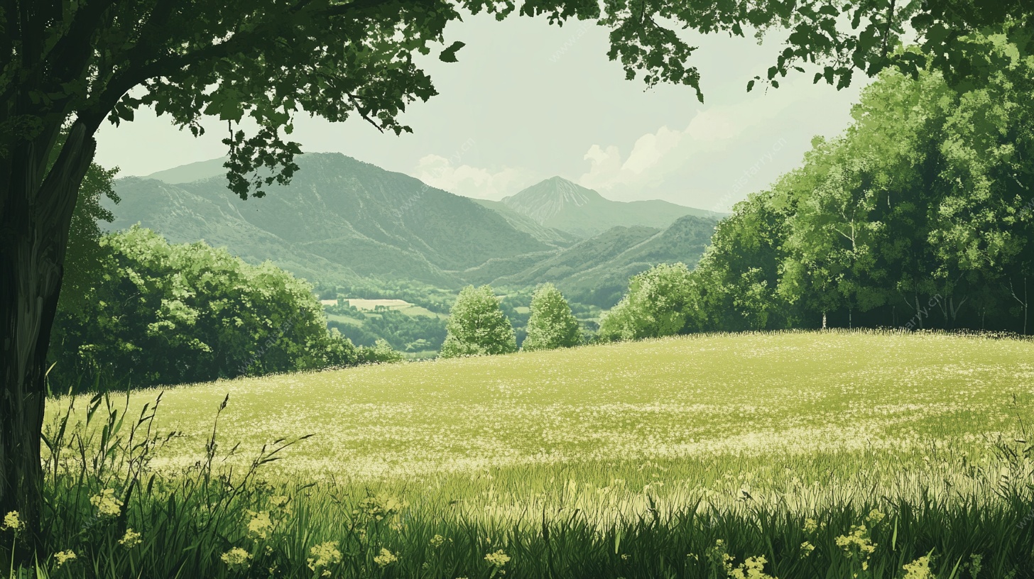 春日绿野山林风景图