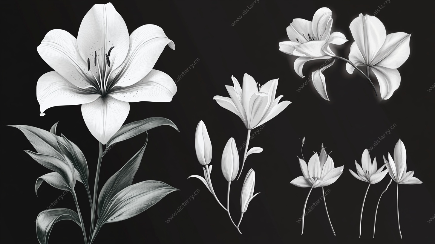 黑白手绘百合花集合