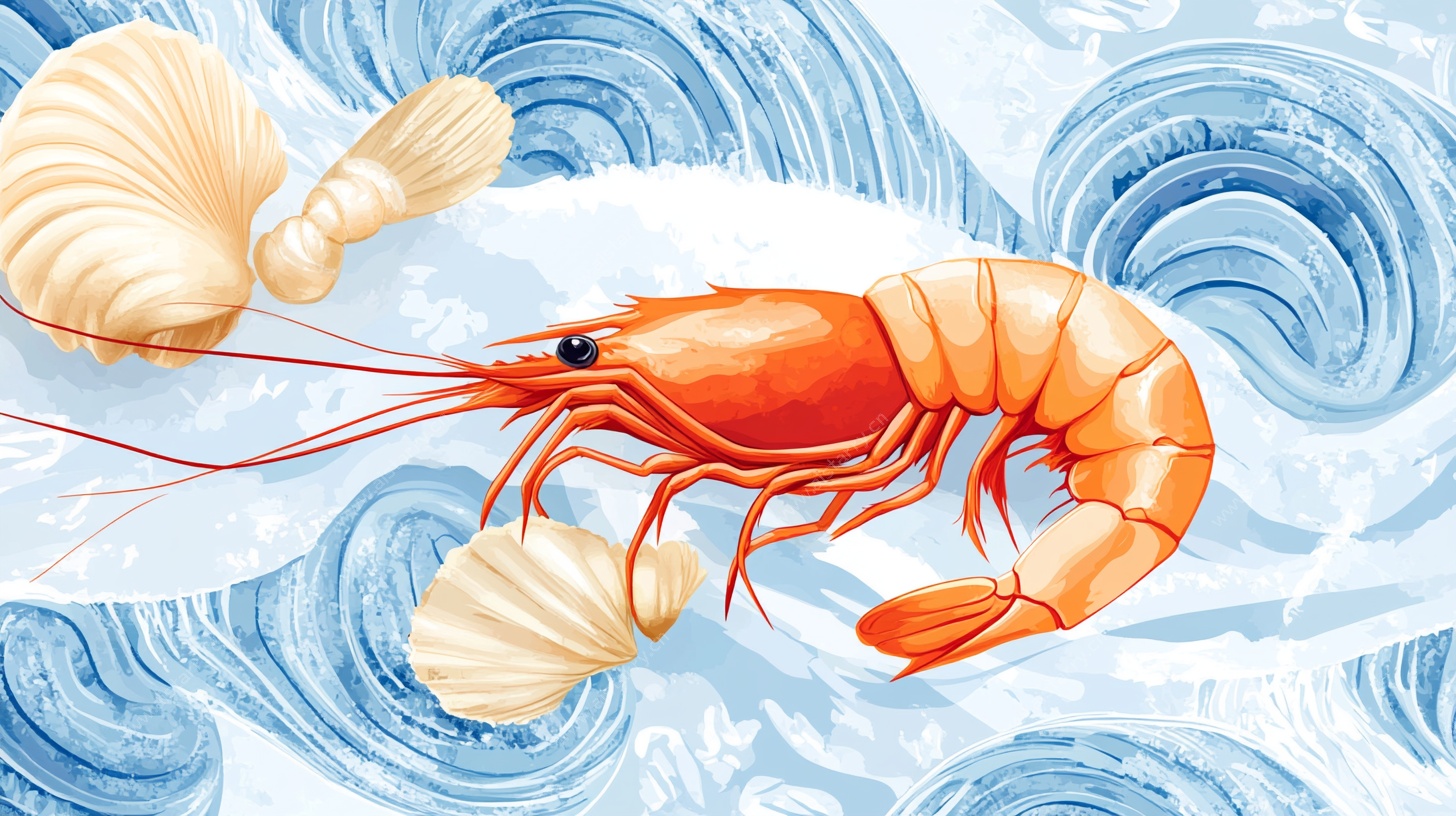 海中游虾与贝壳插画