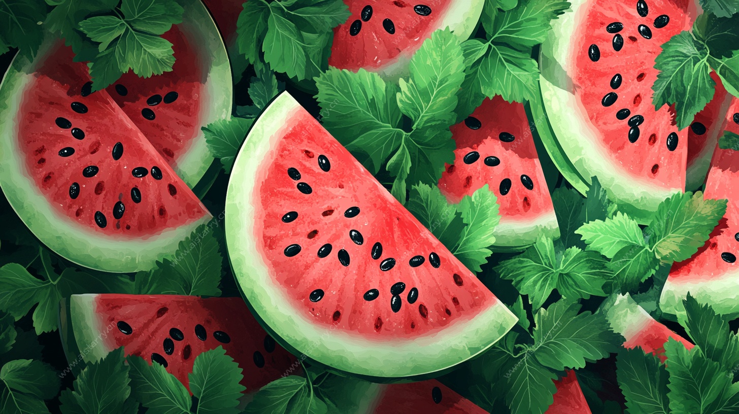 切片西瓜与绿叶的清新组合