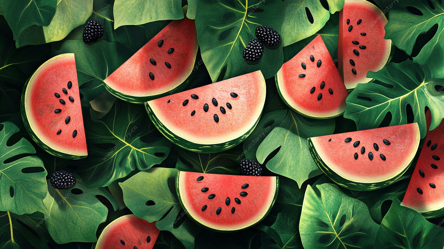 西瓜黑莓绿叶夏日图景