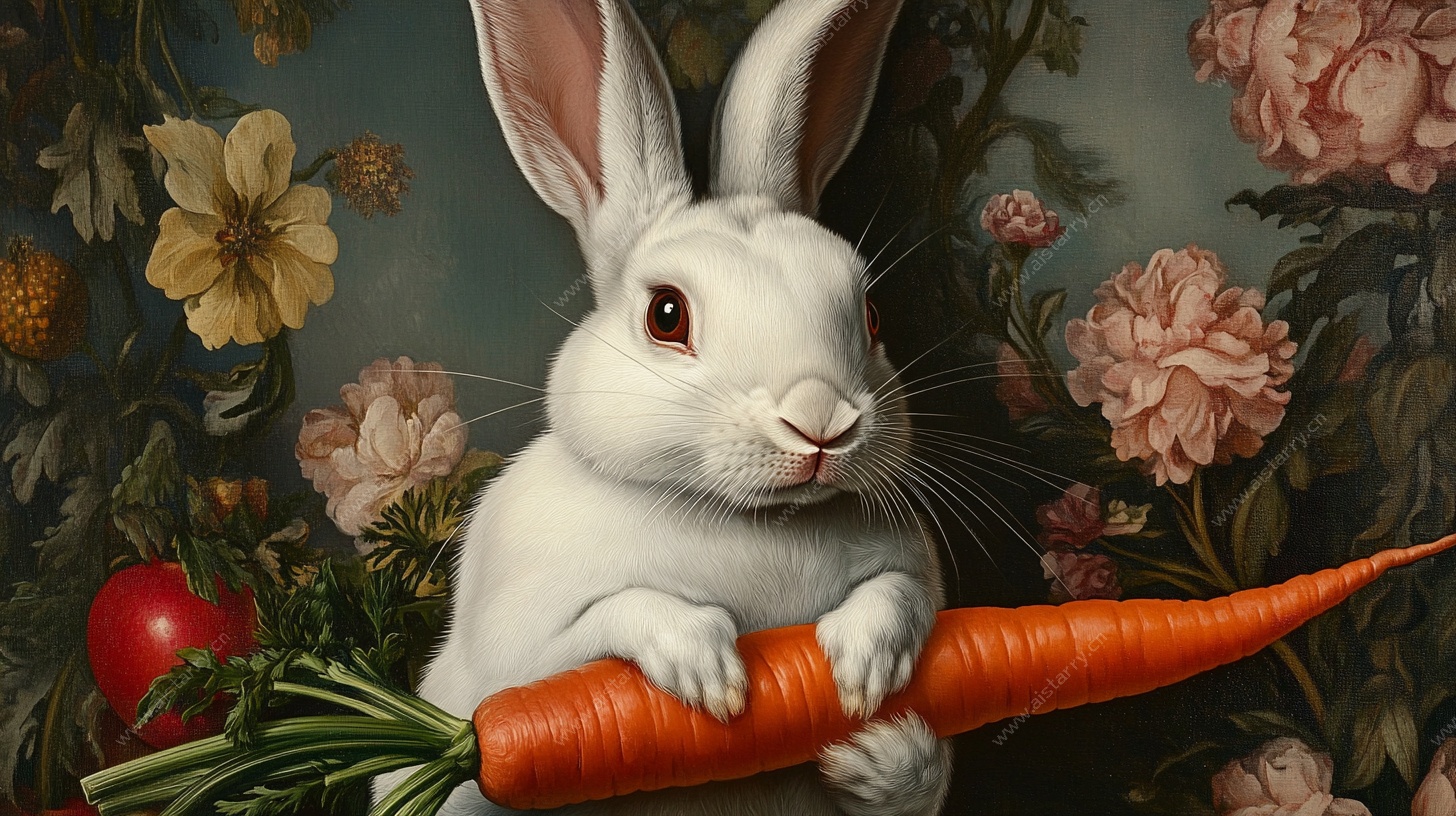 白兔持胡萝卜于花卉间