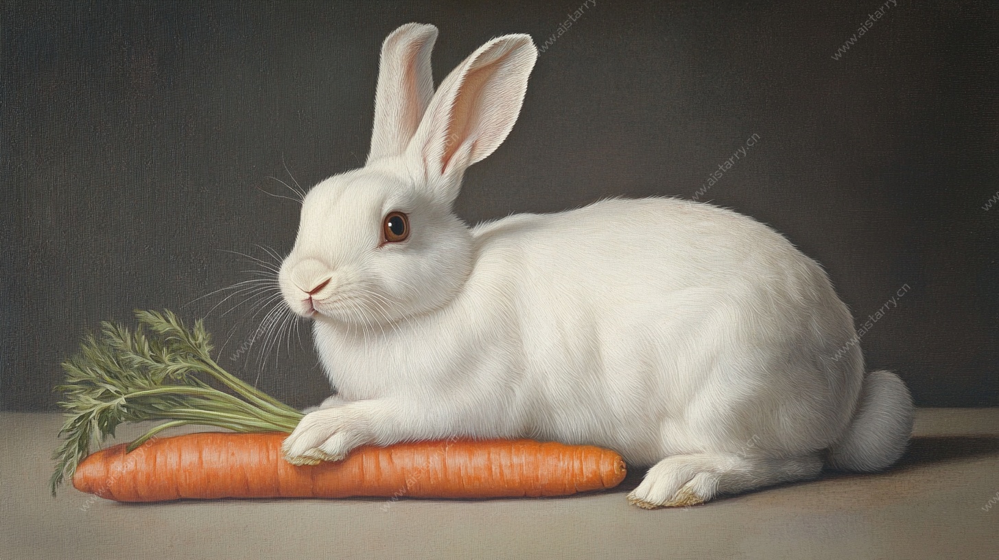 白兔卧于胡萝卜旁油画