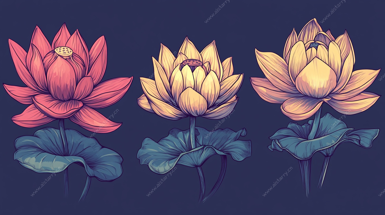 三朵手绘风格盛开莲花图