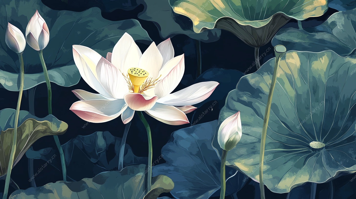 盛开的荷花与荷叶插画