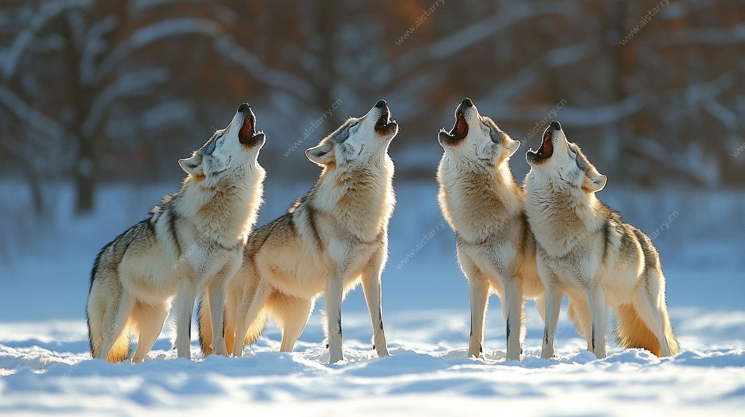 雪地狼群齐嗥图