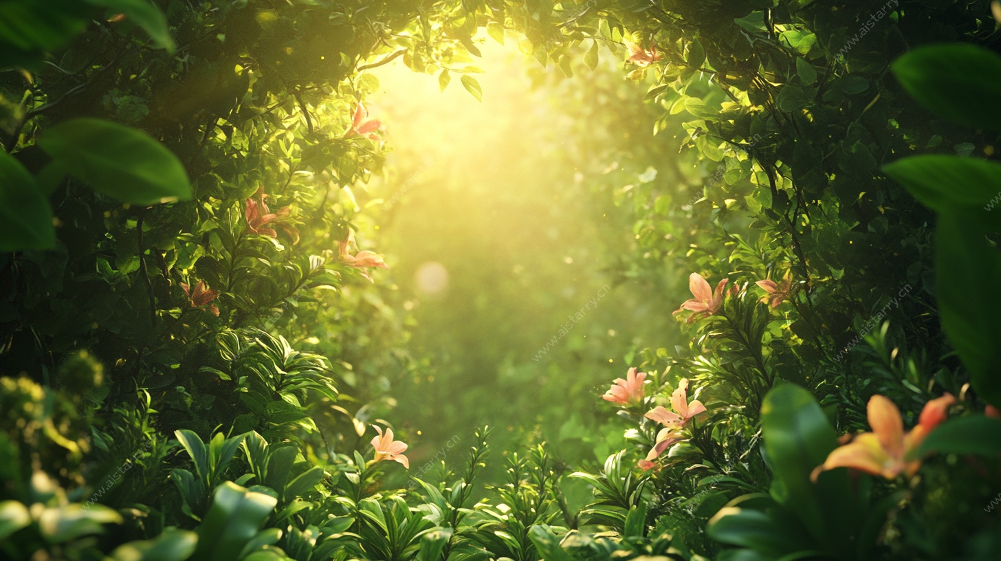 阳光穿透的梦幻花草丛林