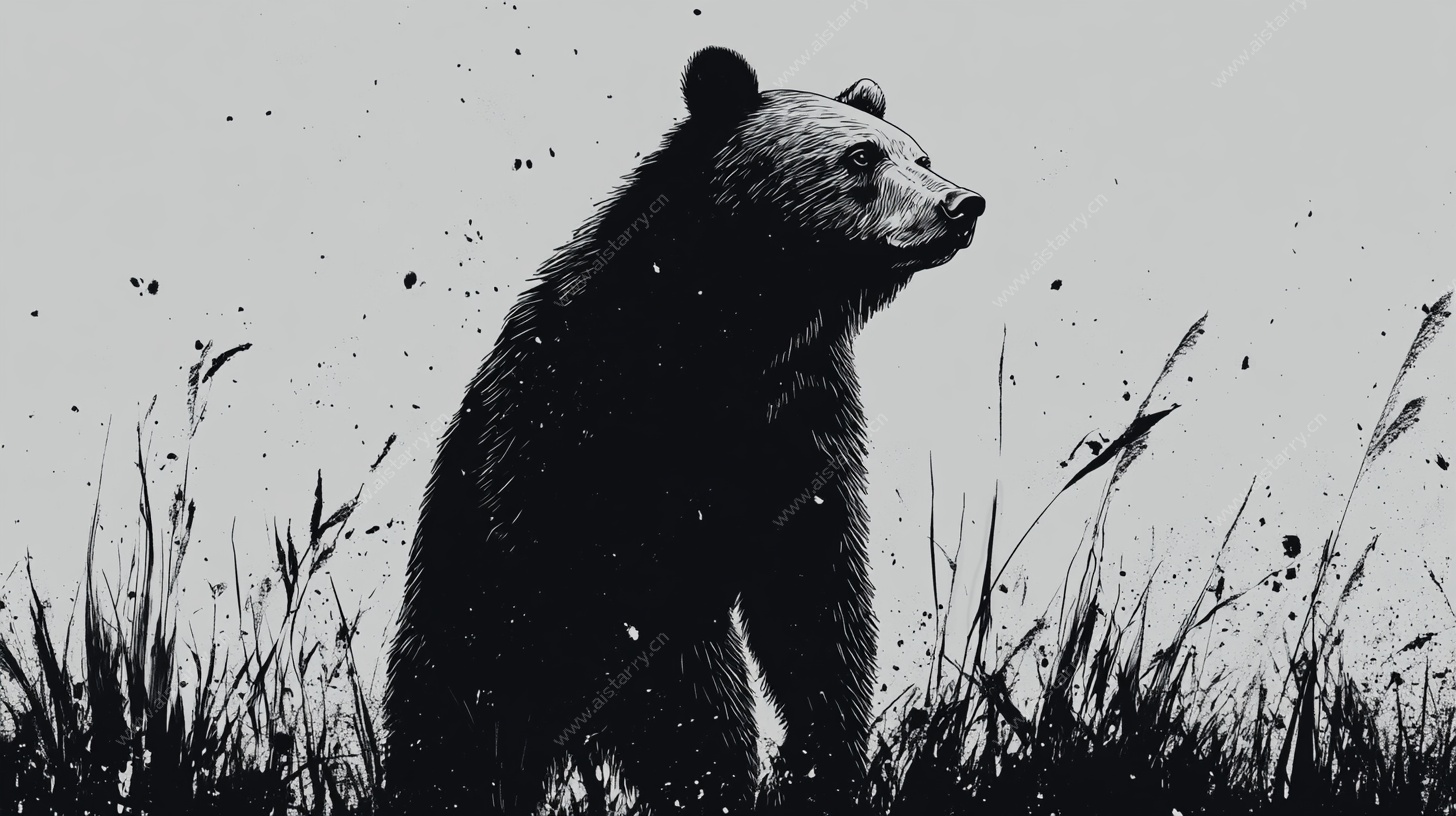 黑白熊立草丛艺术插画