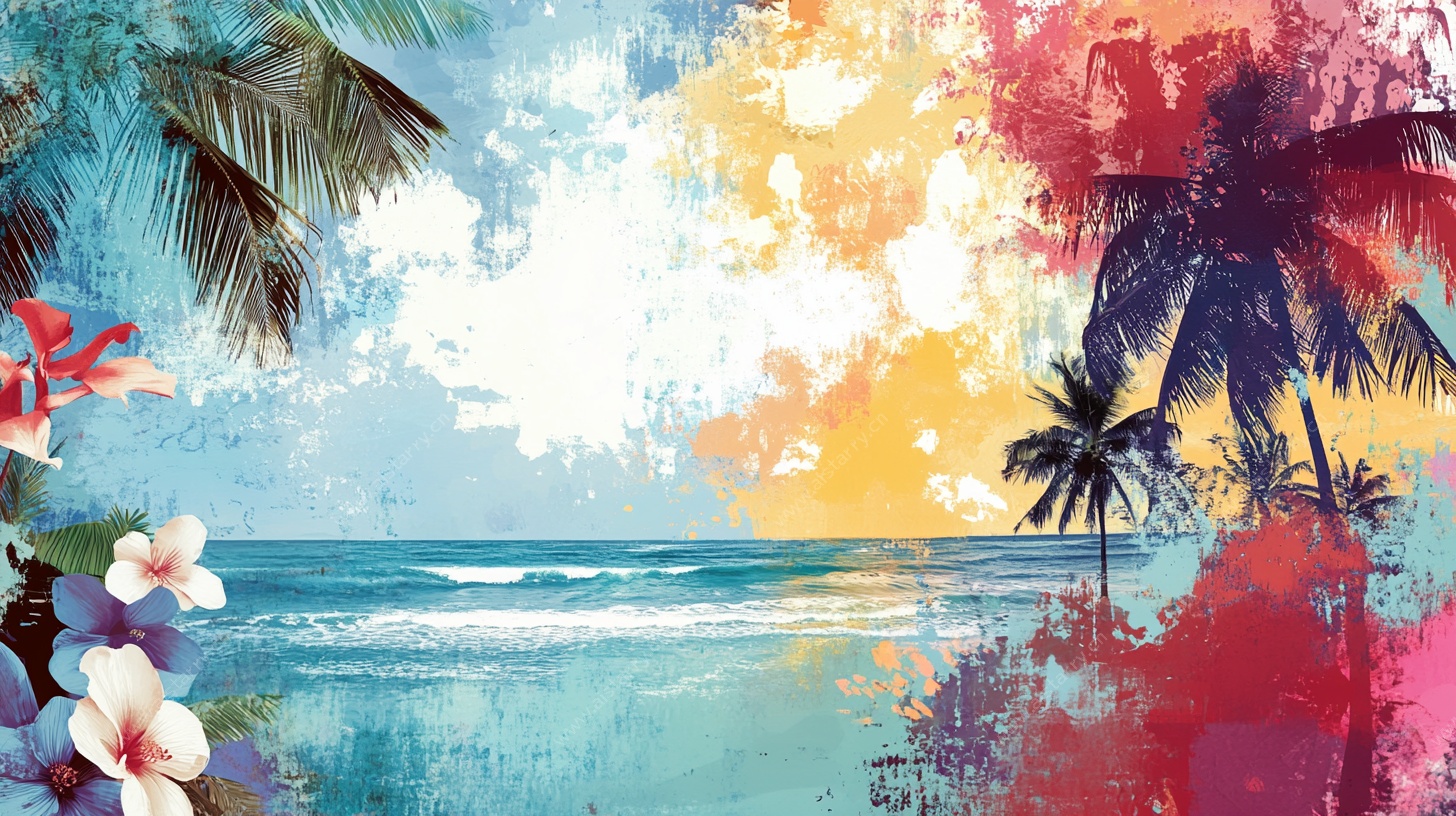 夏日海滨水彩风景