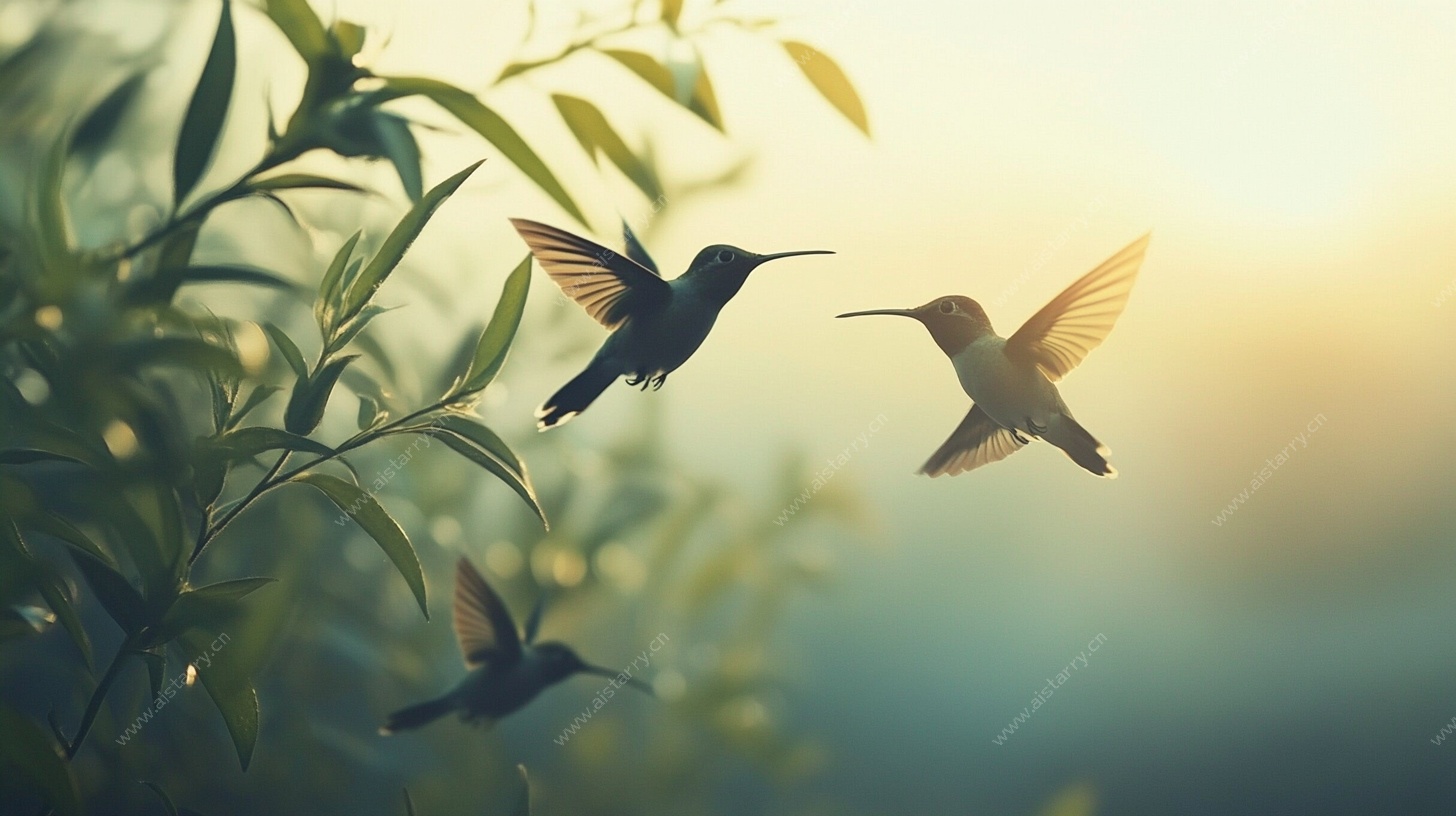 黄昏中蜂鸟于枝叶间飞舞