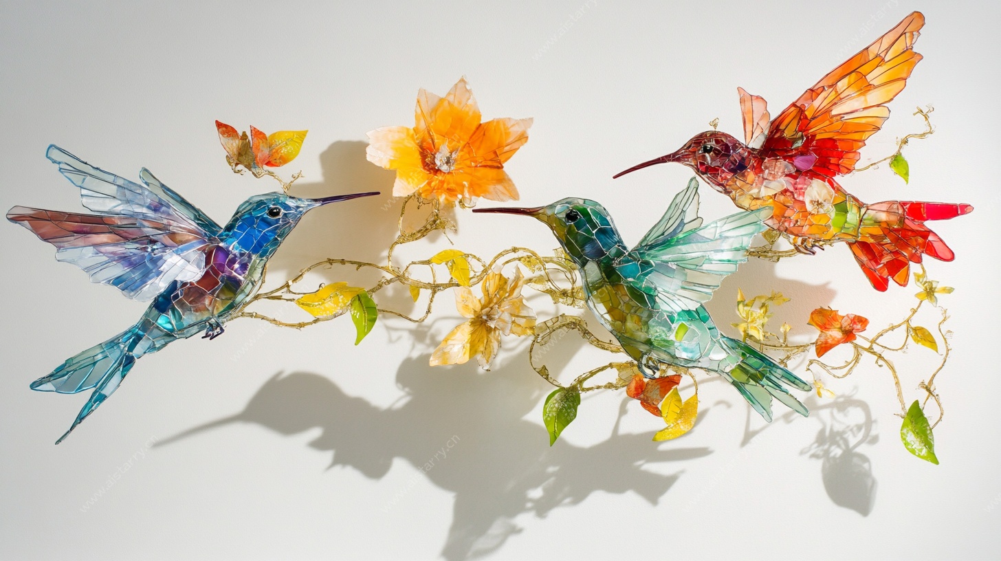 彩色蜂鸟花卉艺术摆件