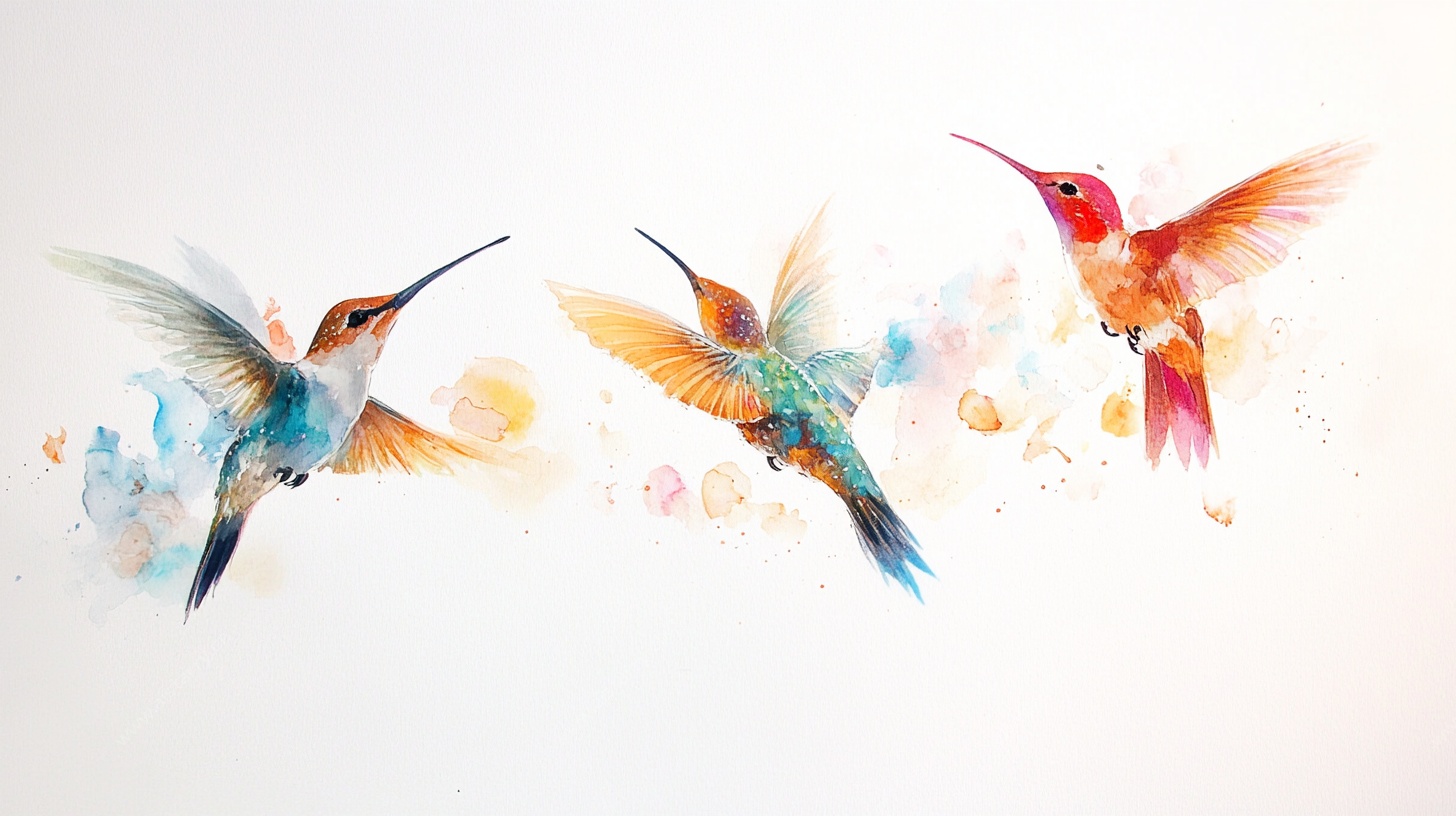 水彩风格飞舞的多彩蜂鸟