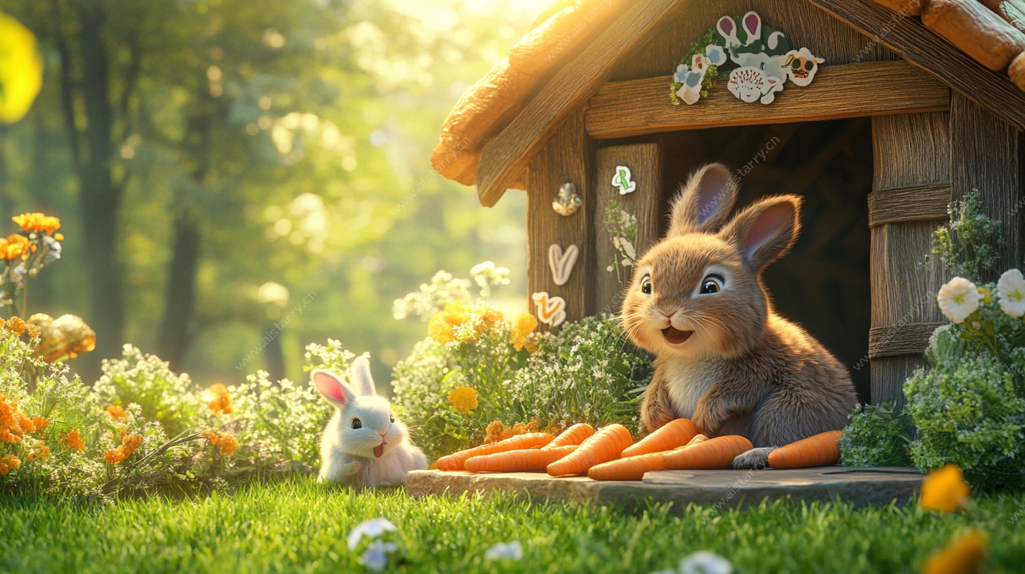 阳光下的兔子与木屋田园景