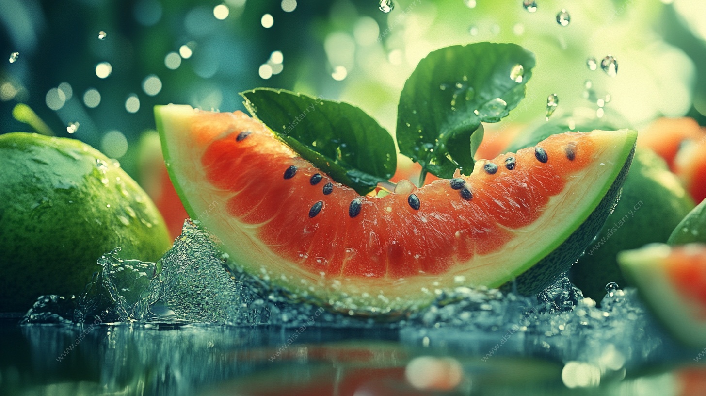 西瓜入水瞬间的清新画面
