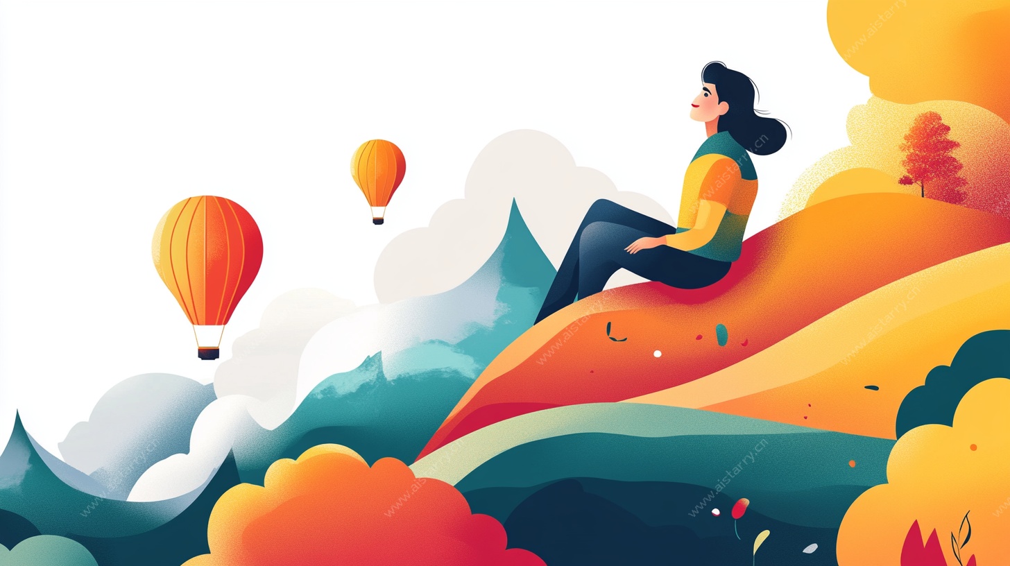 女孩坐山丘赏热气球风景