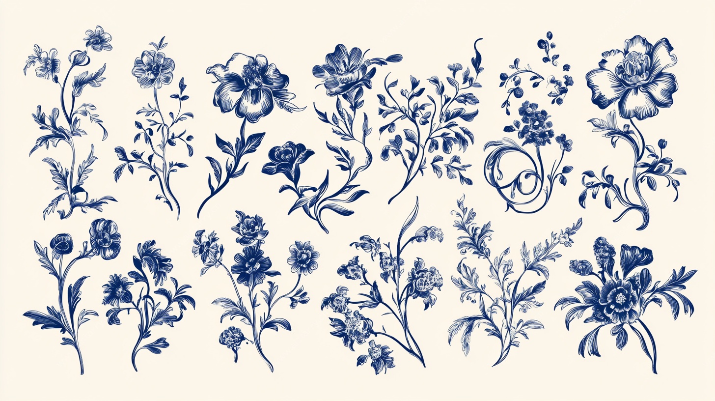 蓝白花卉插画图案集