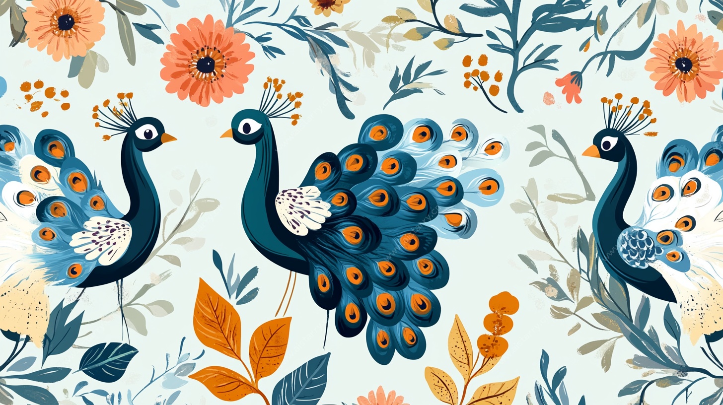 孔雀花卉图案精美插画