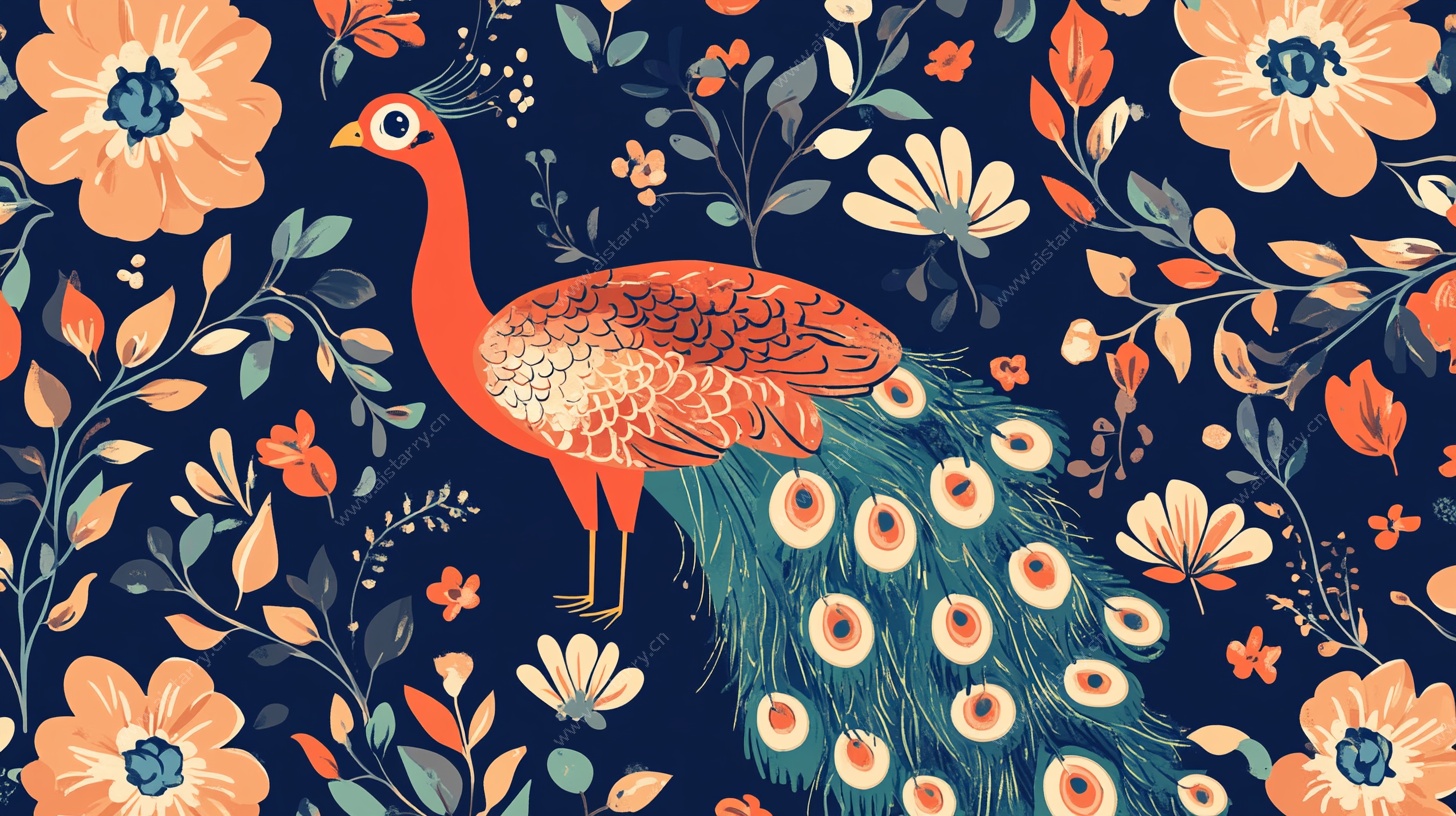 孔雀栖于繁花间插画